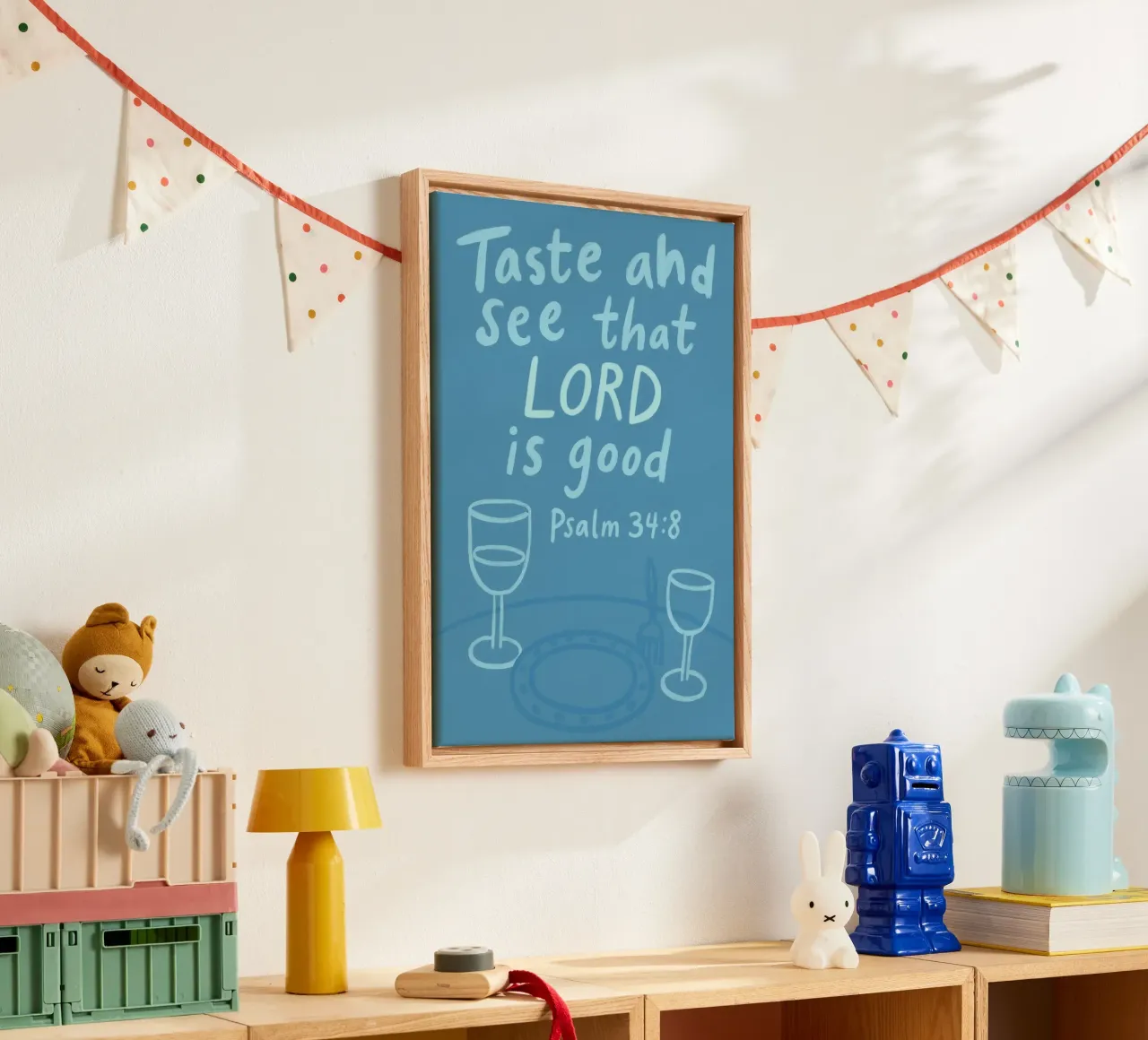 Taste and See - Psalm 34:8 Blue Art Print canvas with Floater frame by vintagepod