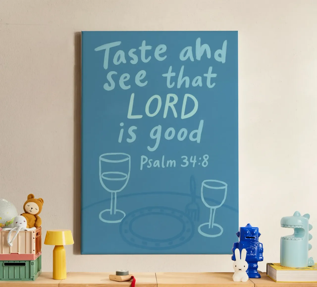 Taste and See - Psalm 34:8 Blue Art Print canvas with Floater frame by vintagepod