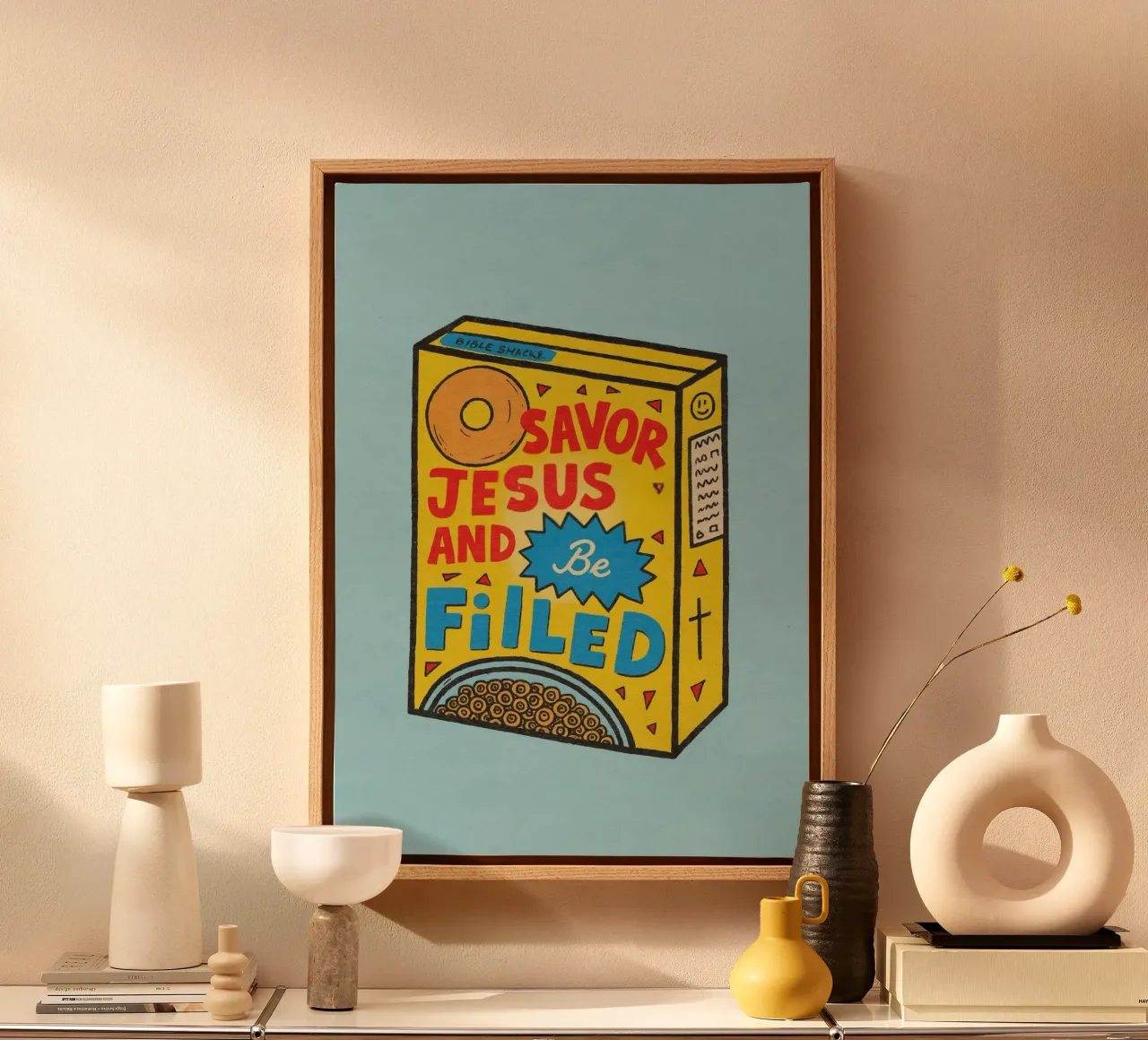 Geniet van Jezus en raak vervuld - cornflakes doos Art canvas met Baklijst van vintagepod