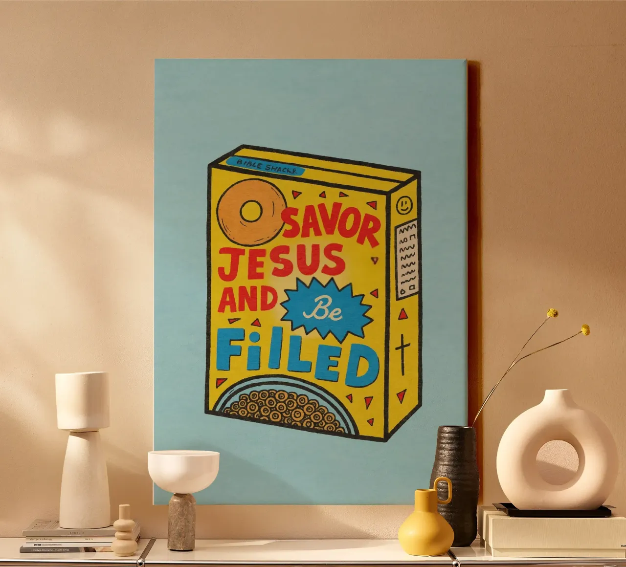 Geniet van Jezus en raak vervuld - cornflakes doos Art canvas met Baklijst van vintagepod