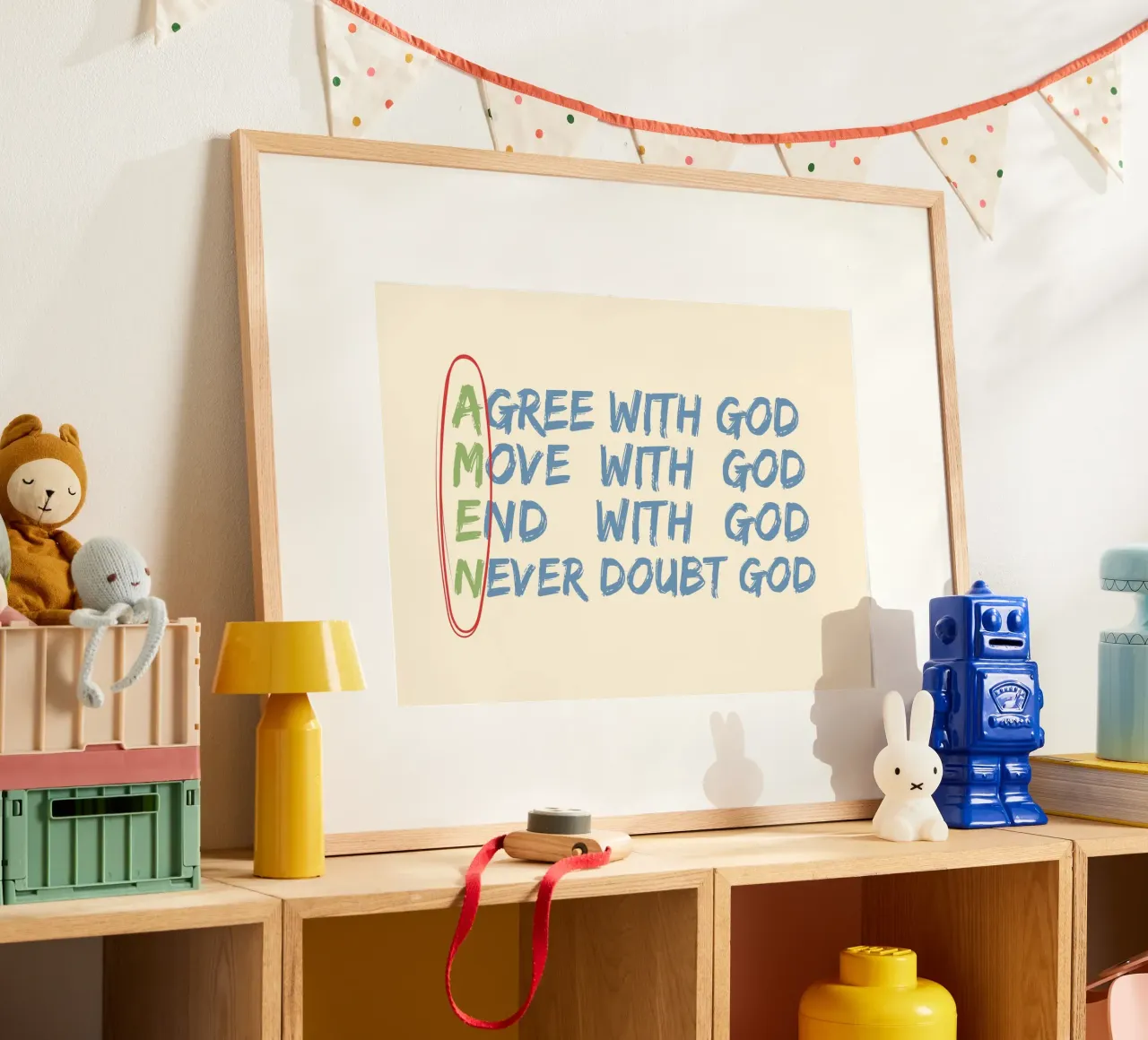 Affiche de la foi chrétienne : Accepter, bouger, finir, ne jamais douter de Dieu poster de vintagepod