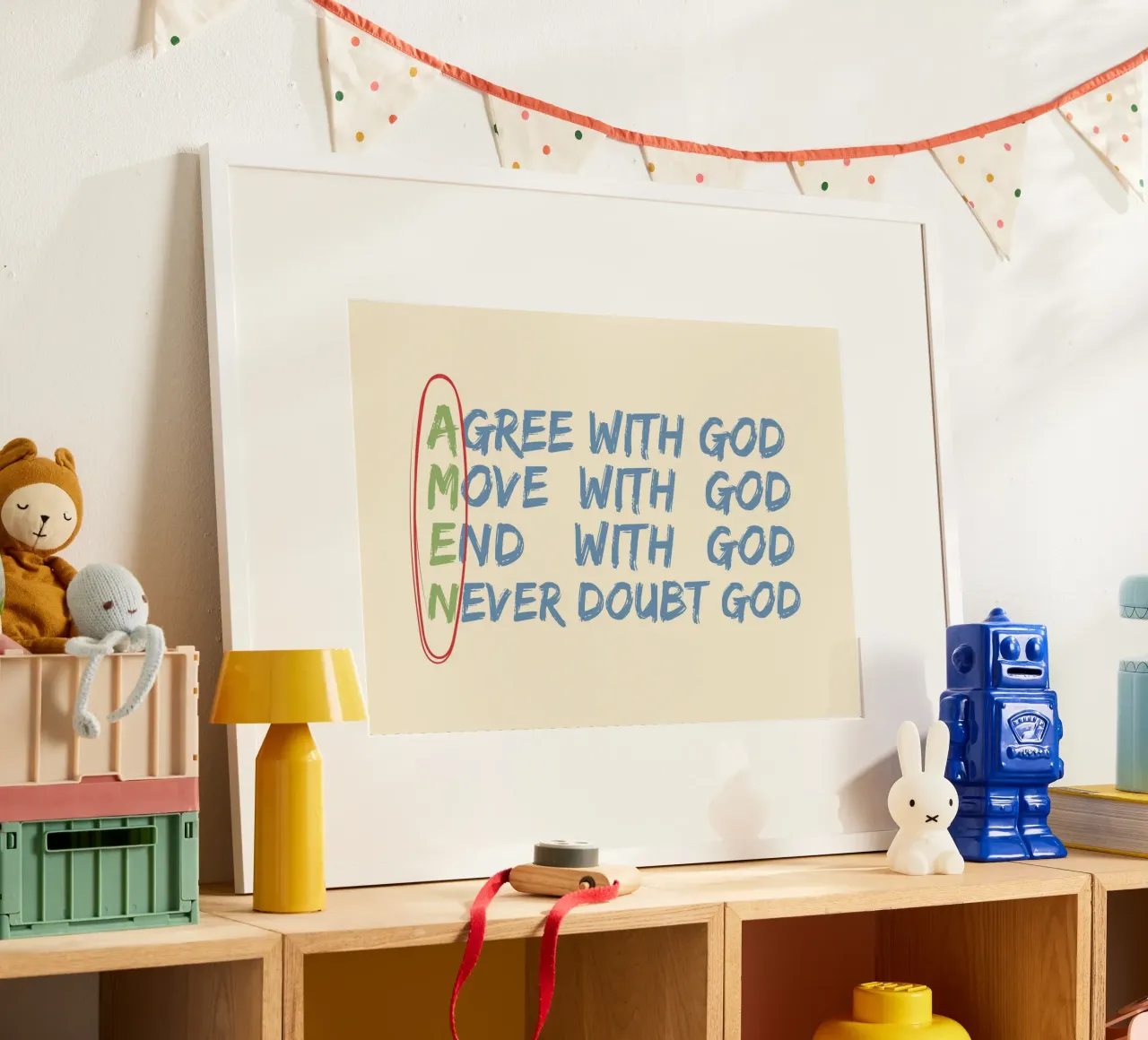 Affiche de la foi chrétienne : Accepter, bouger, finir, ne jamais douter de Dieu poster de vintagepod