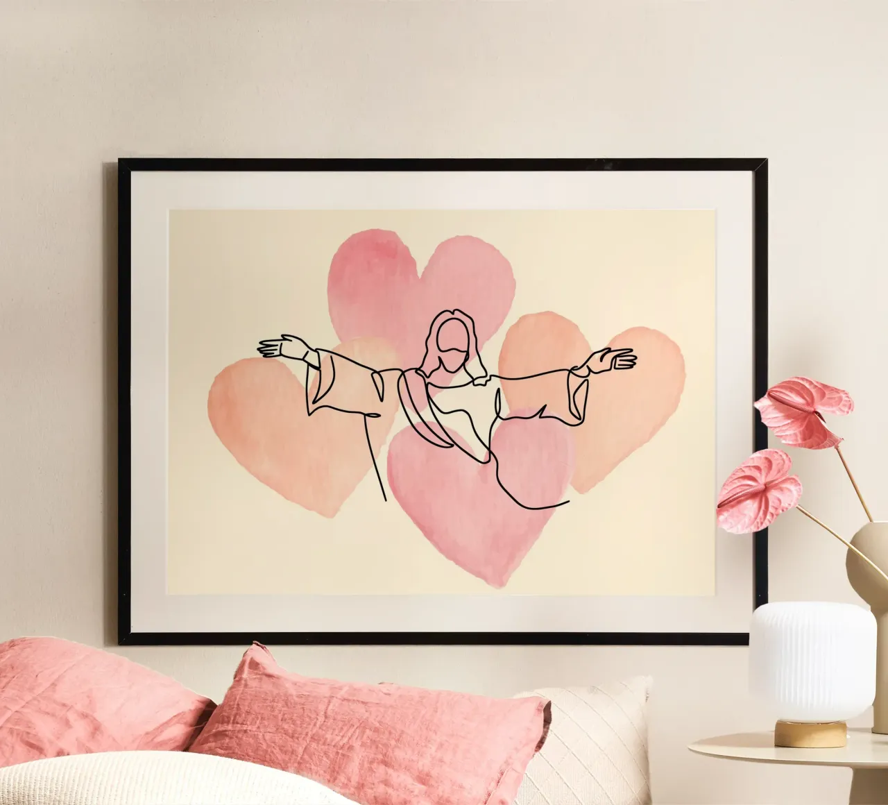 Poster artistico della linea Gesù con cuori acquerellati poster da vintagepod