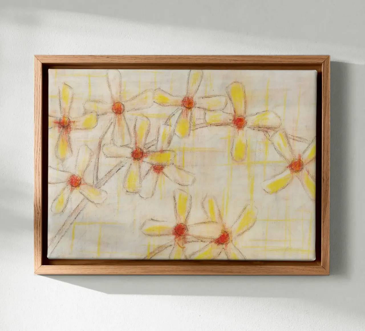 Bloemen Schets Poster: Gele Bloemen Pasteltekening canvas met Baklijst van vintagepod
