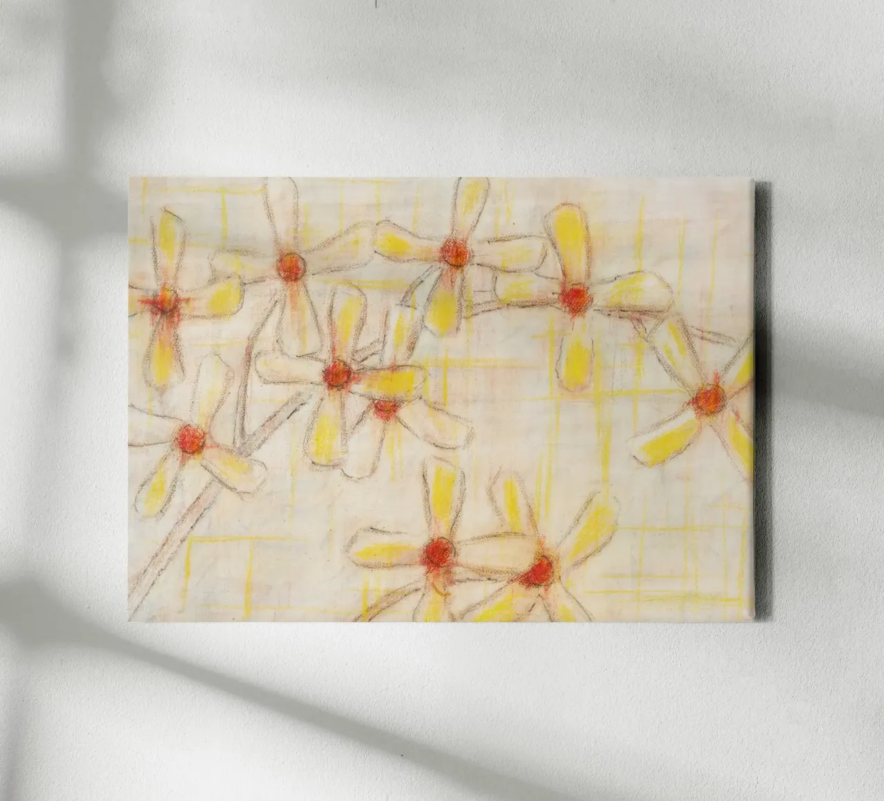 Bloemen Schets Poster: Gele Bloemen Pasteltekening canvas met Baklijst van vintagepod