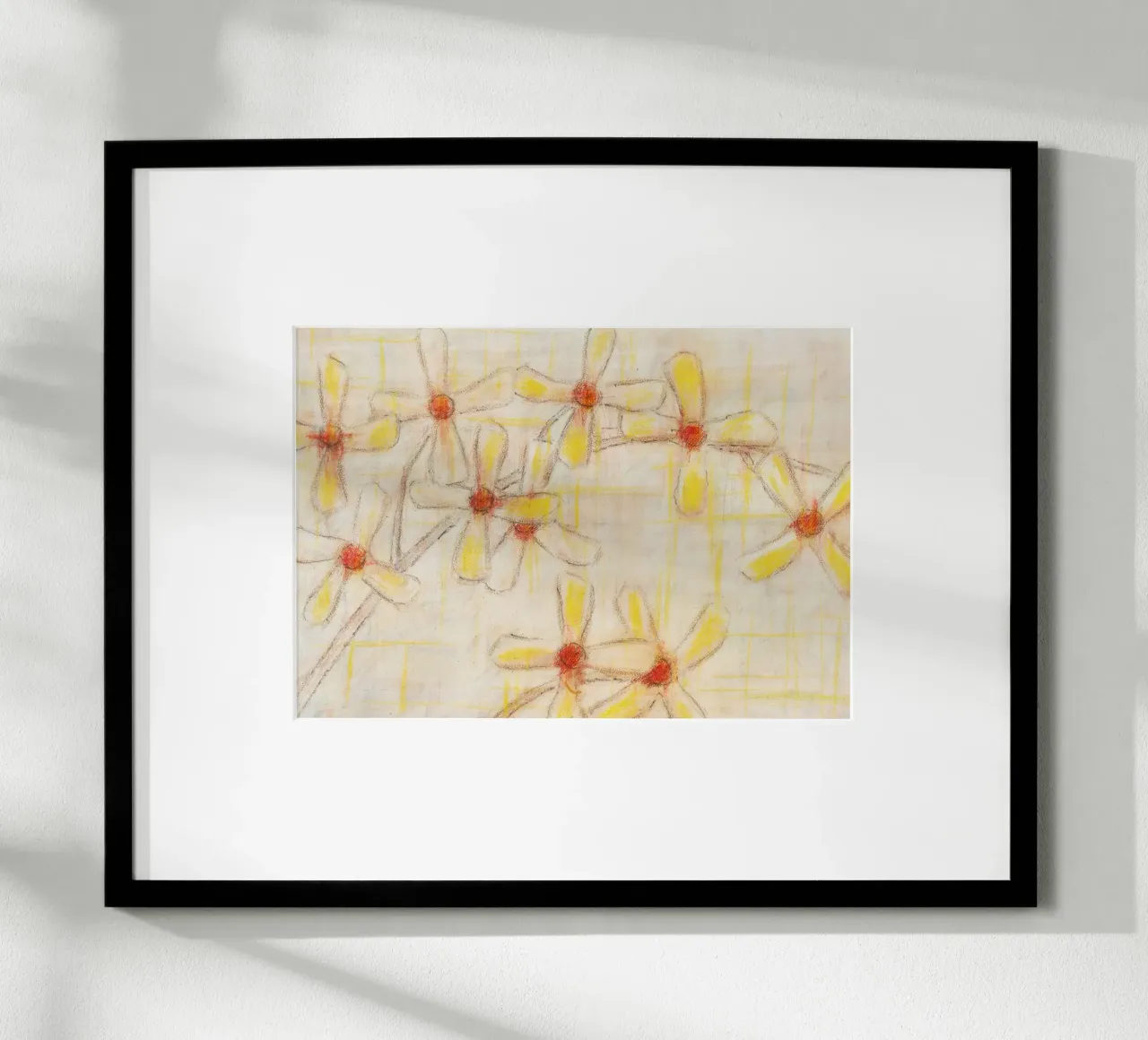 Poster con schizzo floreale: Disegno a pastello di fiori gialli poster con telaio in plastica da vintagepod