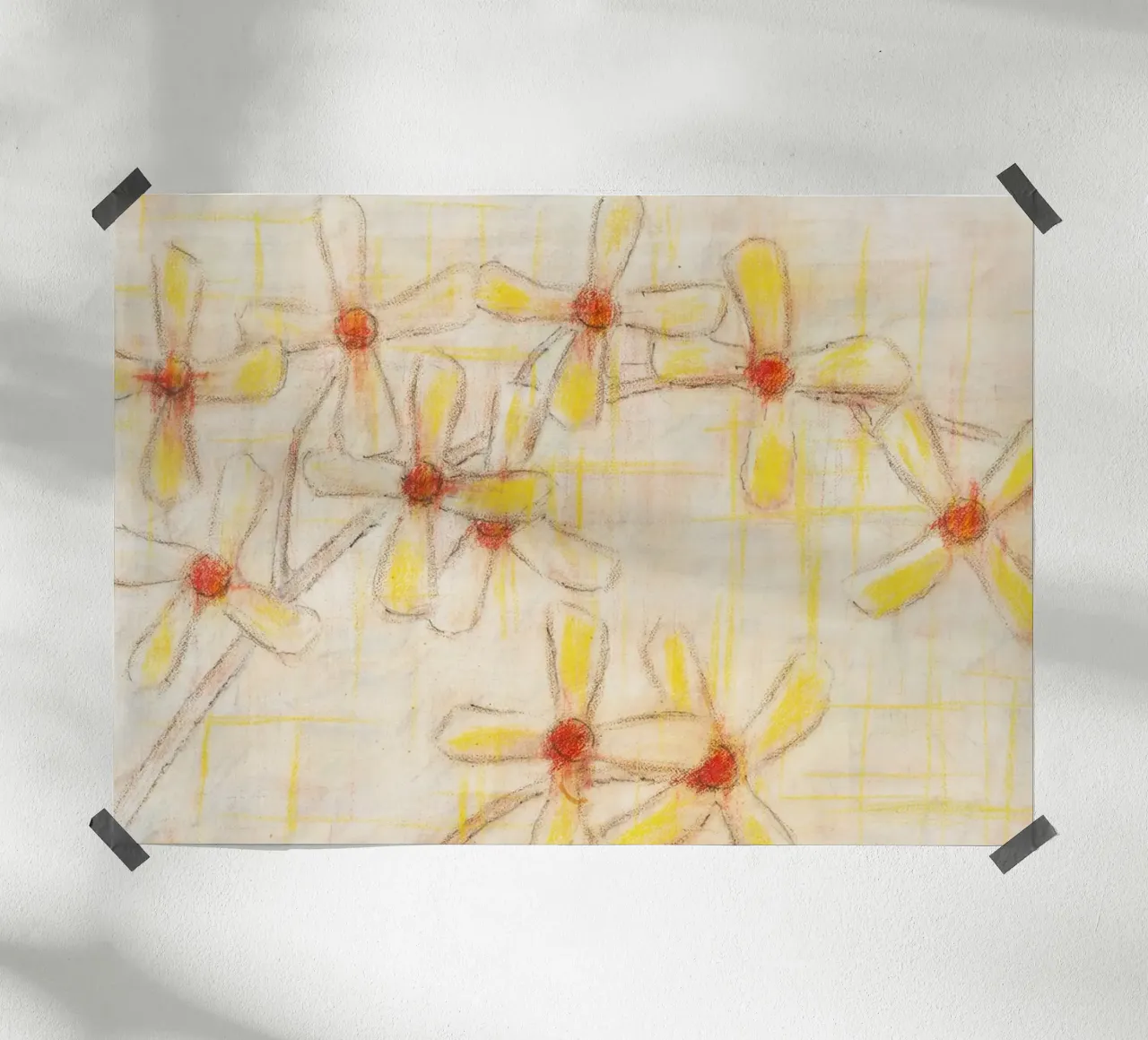 Poster con schizzo floreale: Disegno a pastello di fiori gialli poster con telaio in plastica da vintagepod