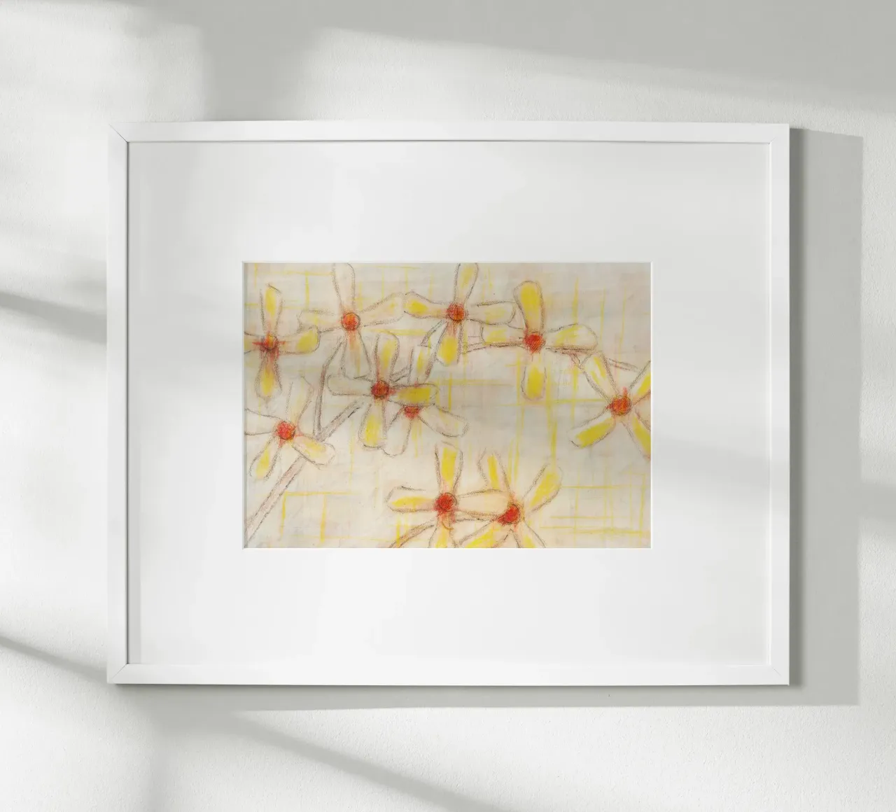 Poster con schizzo floreale: Disegno a pastello di fiori gialli poster con telaio in plastica da vintagepod