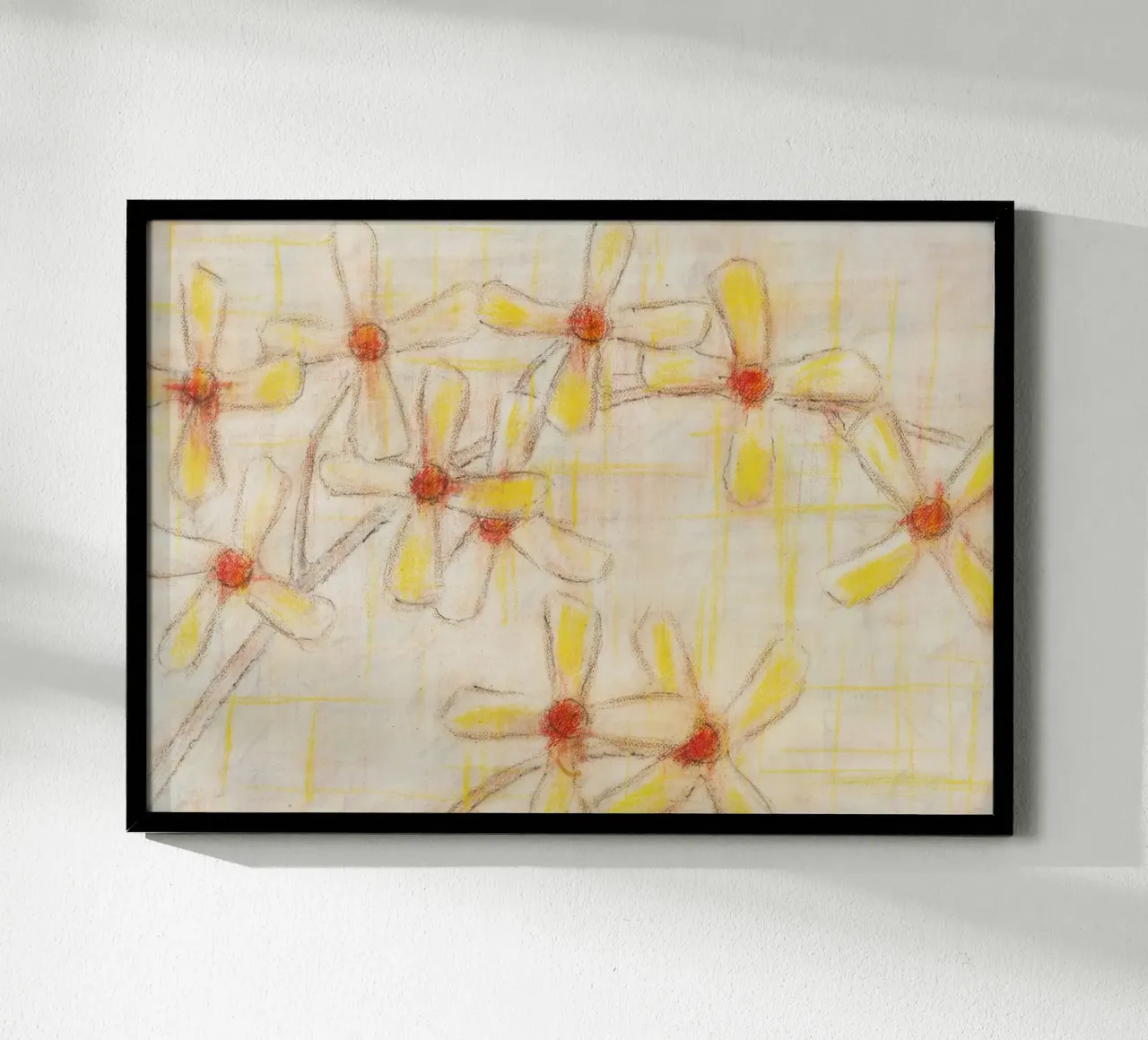 Poster con schizzo floreale: Disegno a pastello di fiori gialli poster con telaio in plastica da vintagepod