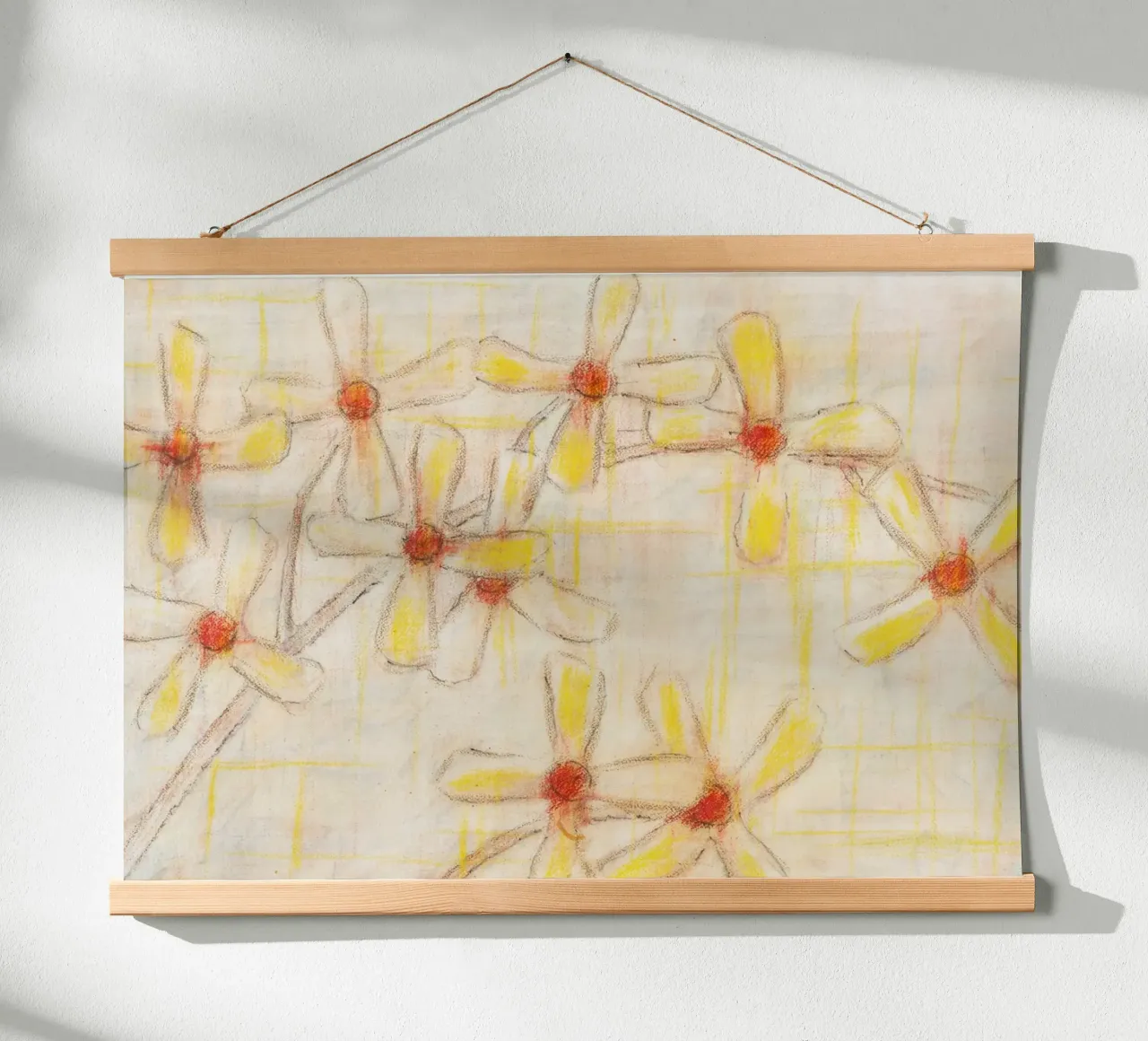 Poster con schizzo floreale: Disegno a pastello di fiori gialli poster con telaio in plastica da vintagepod