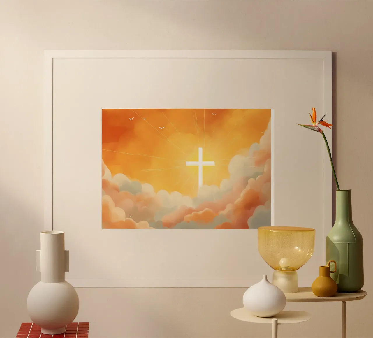Stralend kruis in de hemel, religieuze kunstdruk poster van vintagepod