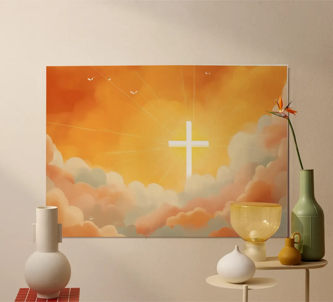 Stralend kruis in de hemel, religieuze kunstdruk poster van vintagepod