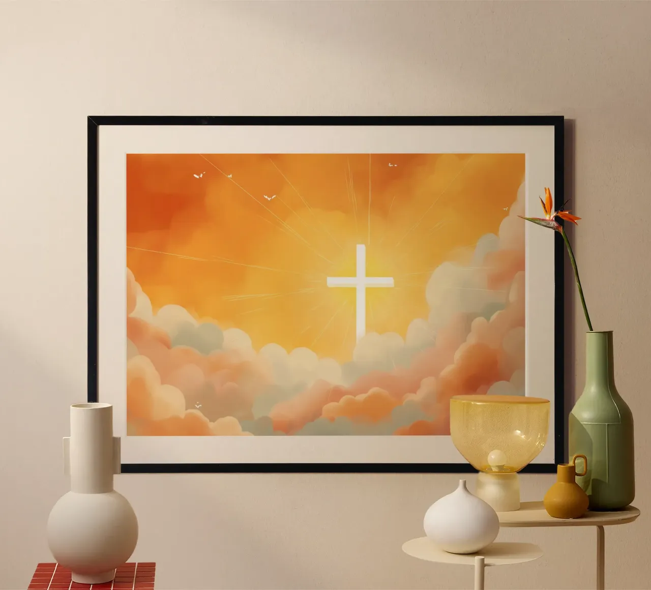 Stralend kruis in de hemel, religieuze kunstdruk poster van vintagepod