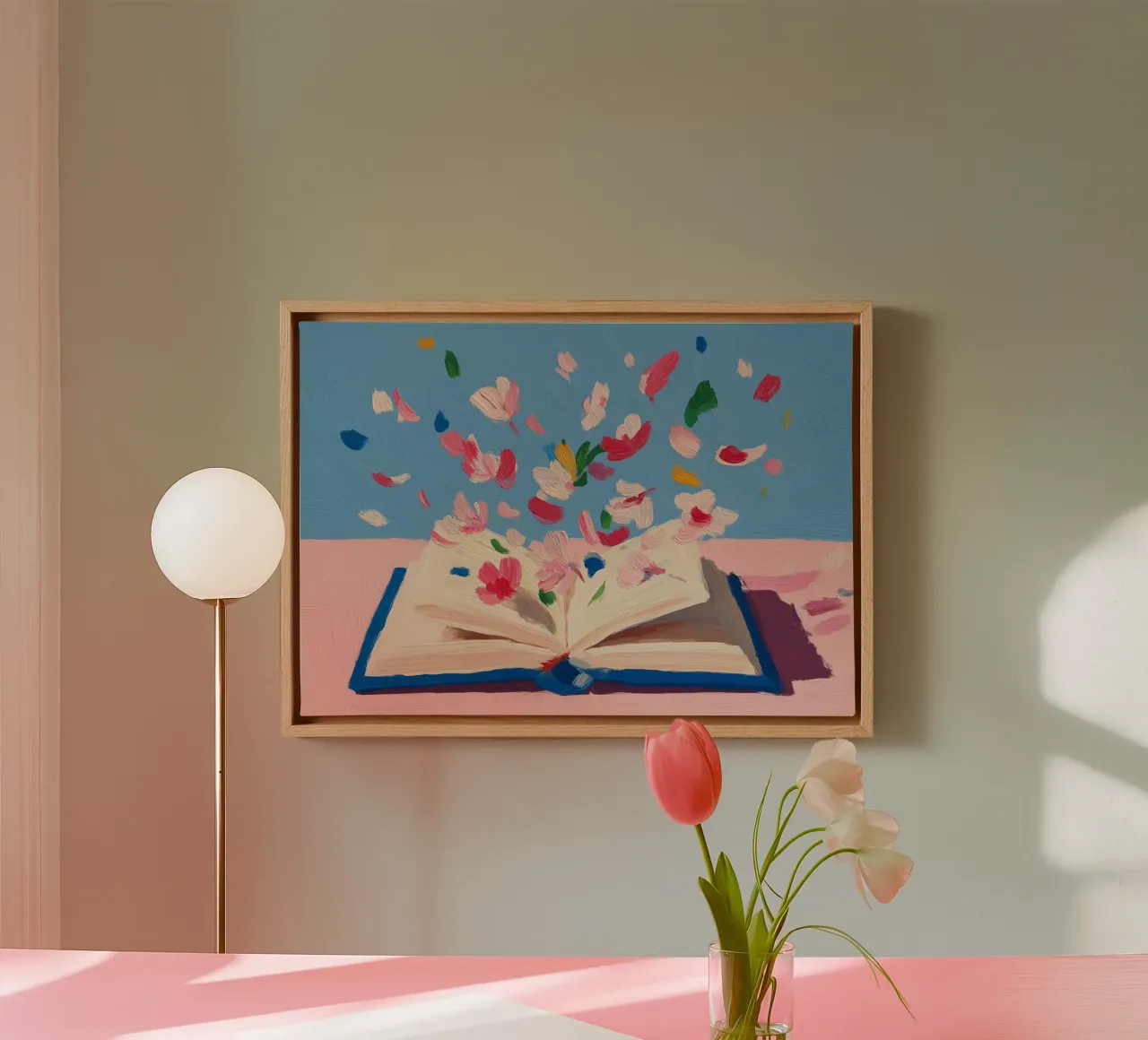 Boekschilderij bloemen, abstracte kunstdruk, bloei canvas met Baklijst van vintagepod
