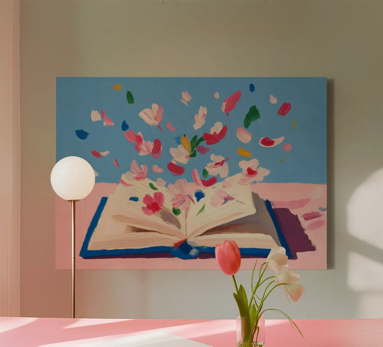 Boekschilderij bloemen, abstracte kunstdruk, bloei canvas met Baklijst van vintagepod