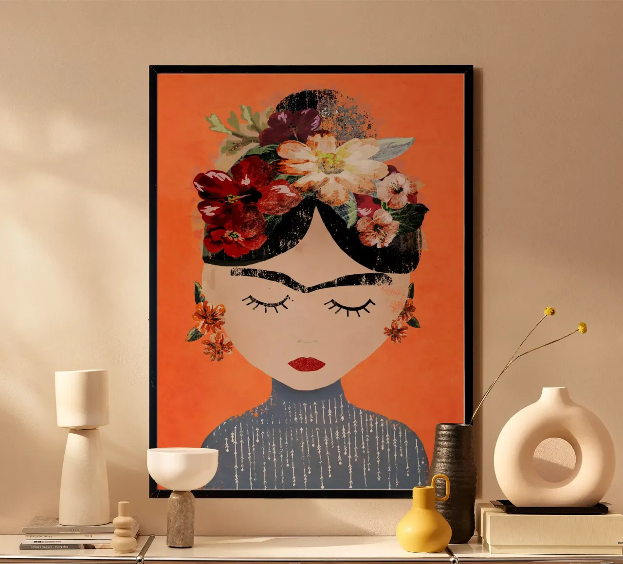 Frida (Orange) poster con telaio in alluminio da treechild