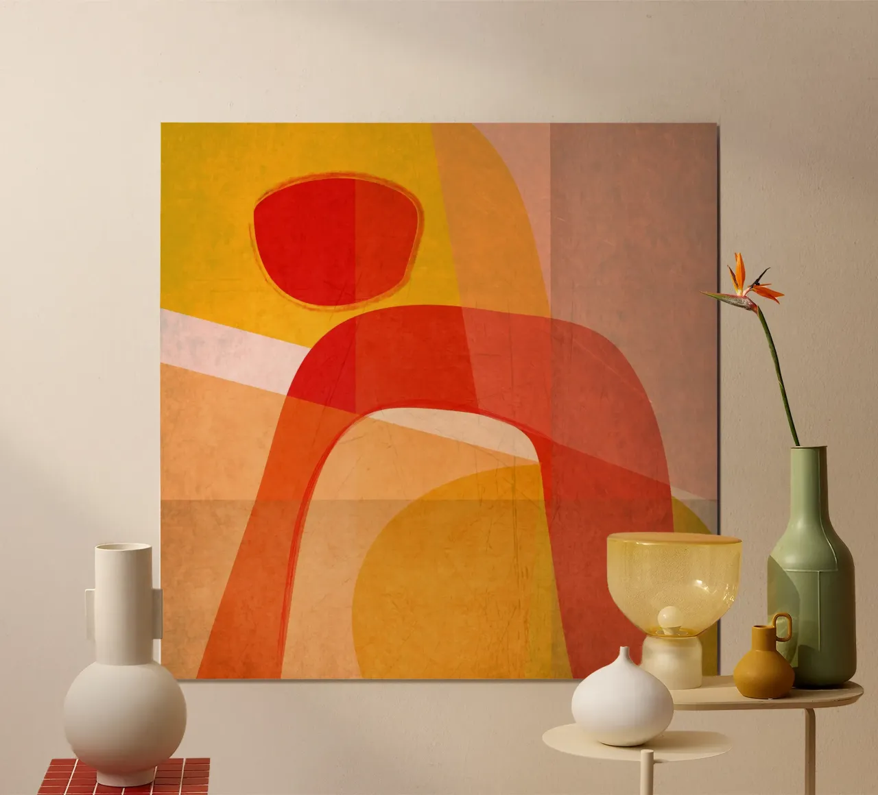 Figura rossa su giallo poster con telaio in plastica da MirimoArt