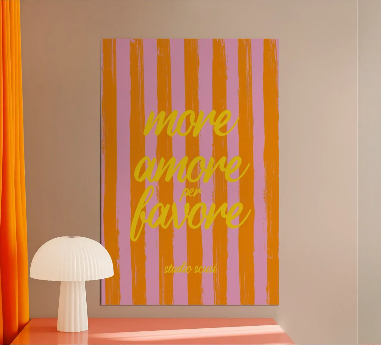 More Amore Per Favore - A Strisce Giallo poster con telaio in legno da studio scusi