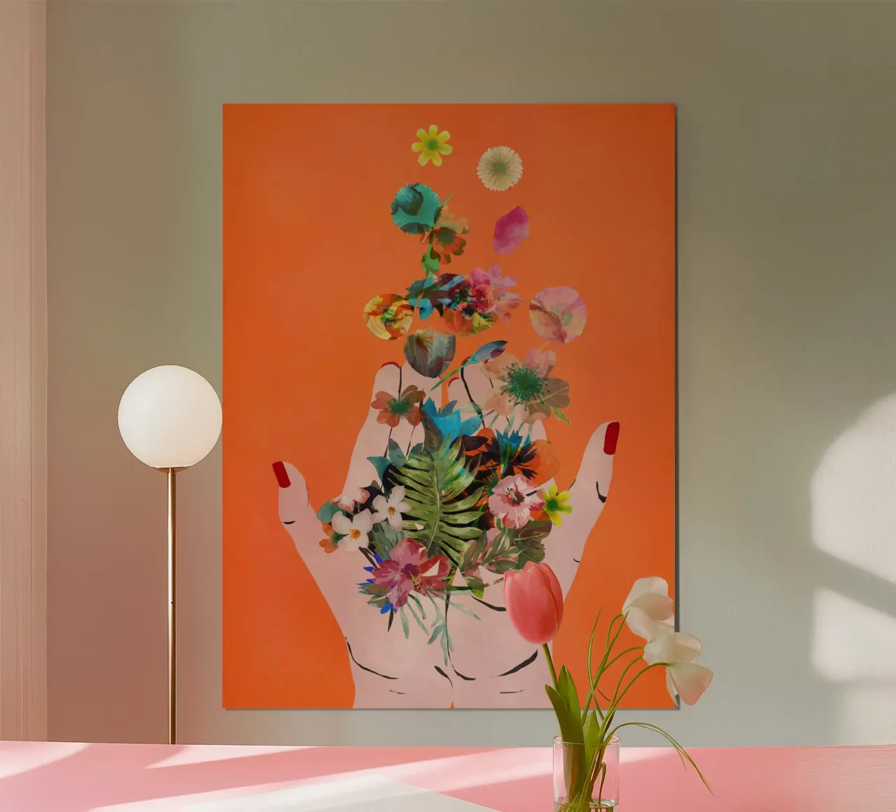 Fridas Hands (Orange) poster con telaio in legno da treechild