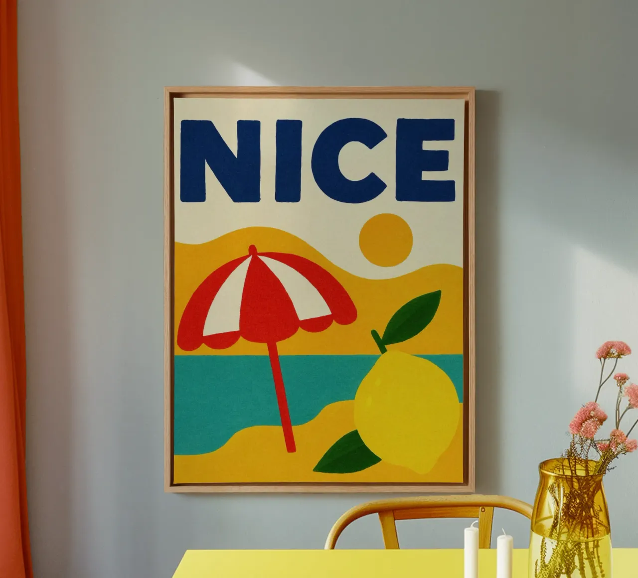 Zitrone und Sommersonnenschirm Leinwand mit Schattenfugenrahmen von JETLAG | affiches voyage