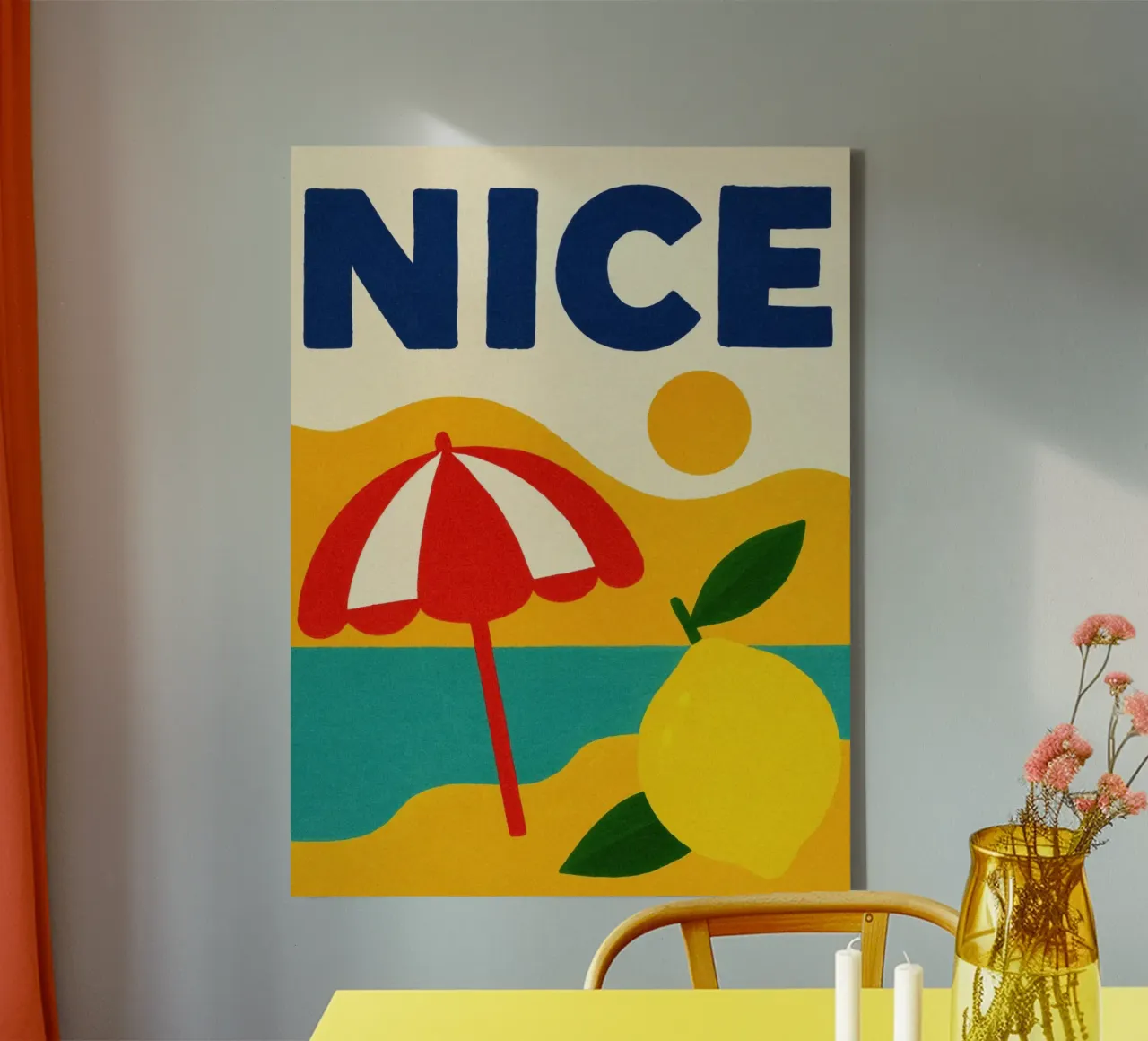Zitrone und Sommersonnenschirm Leinwand mit Schattenfugenrahmen von JETLAG | affiches voyage