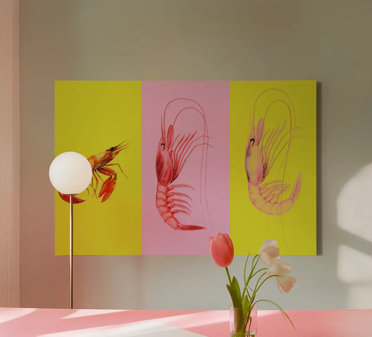 Retro Shrimp Pop Art Leinwand mit Schattenfugenrahmen von Attaboy Dsgn