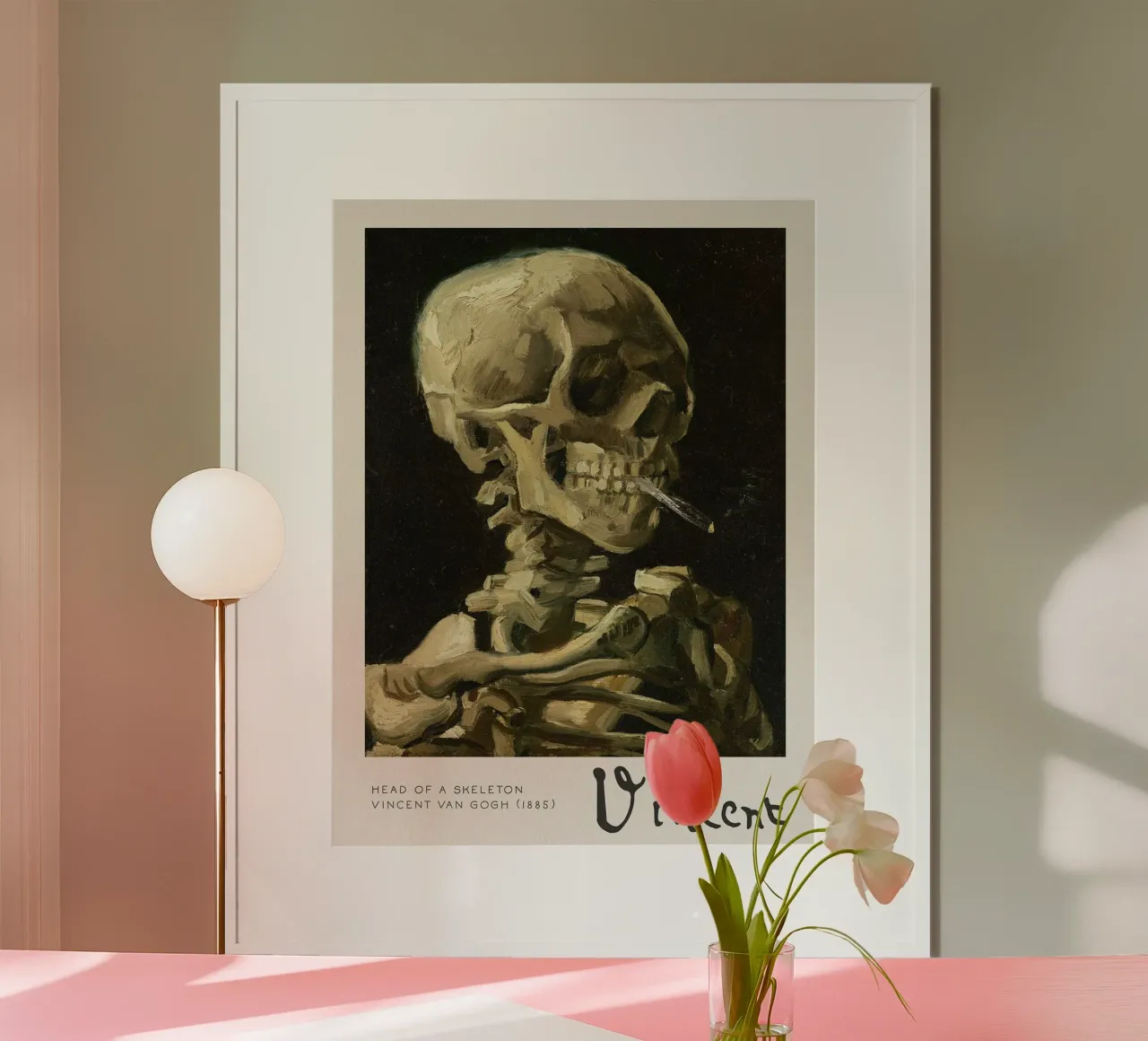 Testa di scheletro con sigaretta accesa, 1885 poster con telaio in alluminio da Christopher Soto