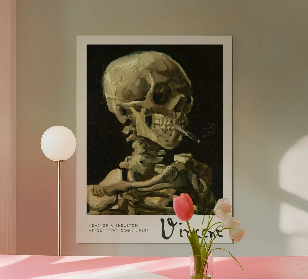 Testa di scheletro con sigaretta accesa, 1885 poster con telaio in alluminio da Christopher Soto
