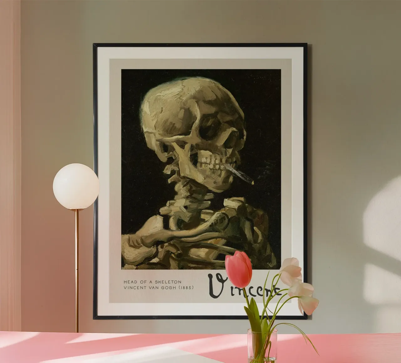 Testa di scheletro con sigaretta accesa, 1885 poster con telaio in alluminio da Christopher Soto