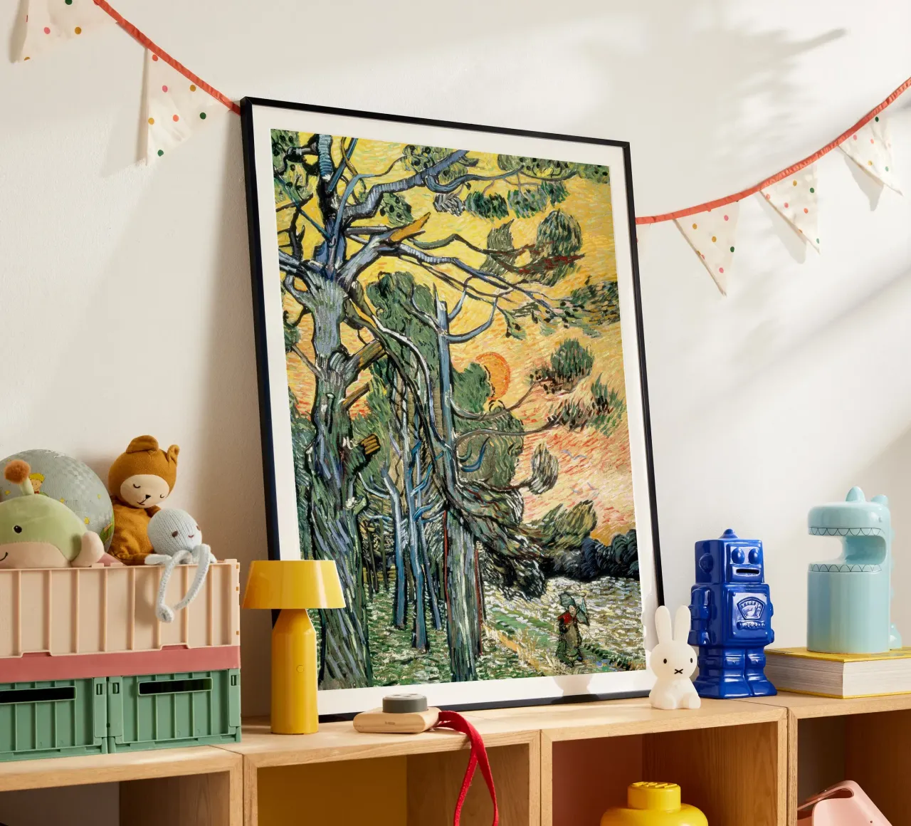 Pini con sole al tramonto e donna poster con telaio in plastica da Christopher Soto