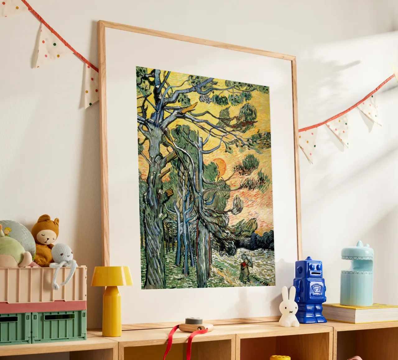 Pini con sole al tramonto e donna poster con telaio in plastica da Christopher Soto