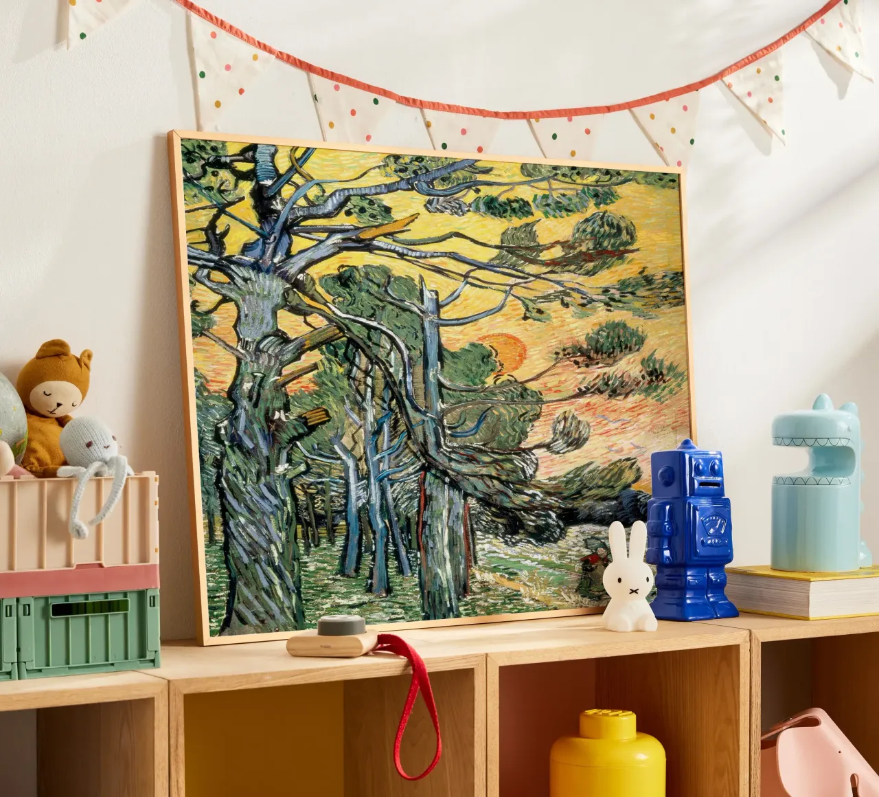 Pini con sole al tramonto e donna poster con telaio in plastica da Christopher Soto