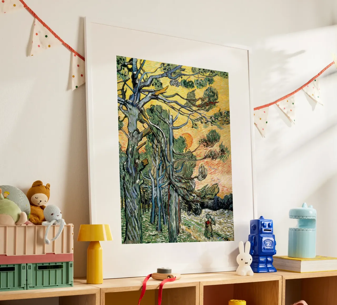 Pini con sole al tramonto e donna poster con telaio in plastica da Christopher Soto