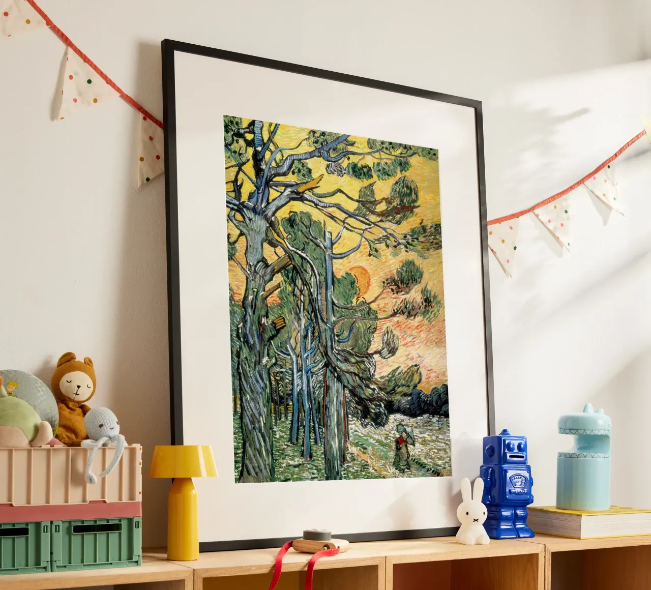 Pini con sole al tramonto e donna poster con telaio in plastica da Christopher Soto