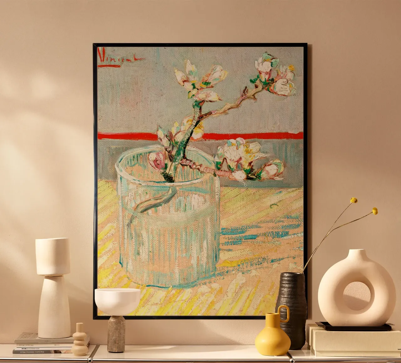 Zweig einer blühenden Mandelblüte in einem Glas, 1888 Poster mit Kunststoffrahmen von Christopher Soto