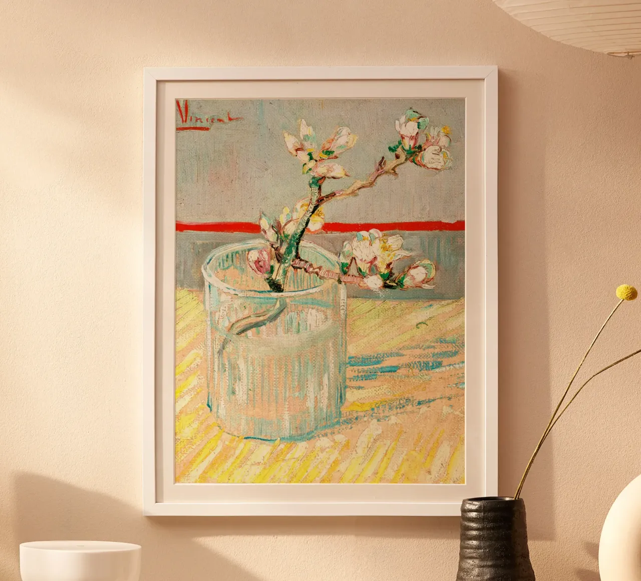Zweig einer blühenden Mandelblüte in einem Glas, 1888 Poster mit Kunststoffrahmen von Christopher Soto