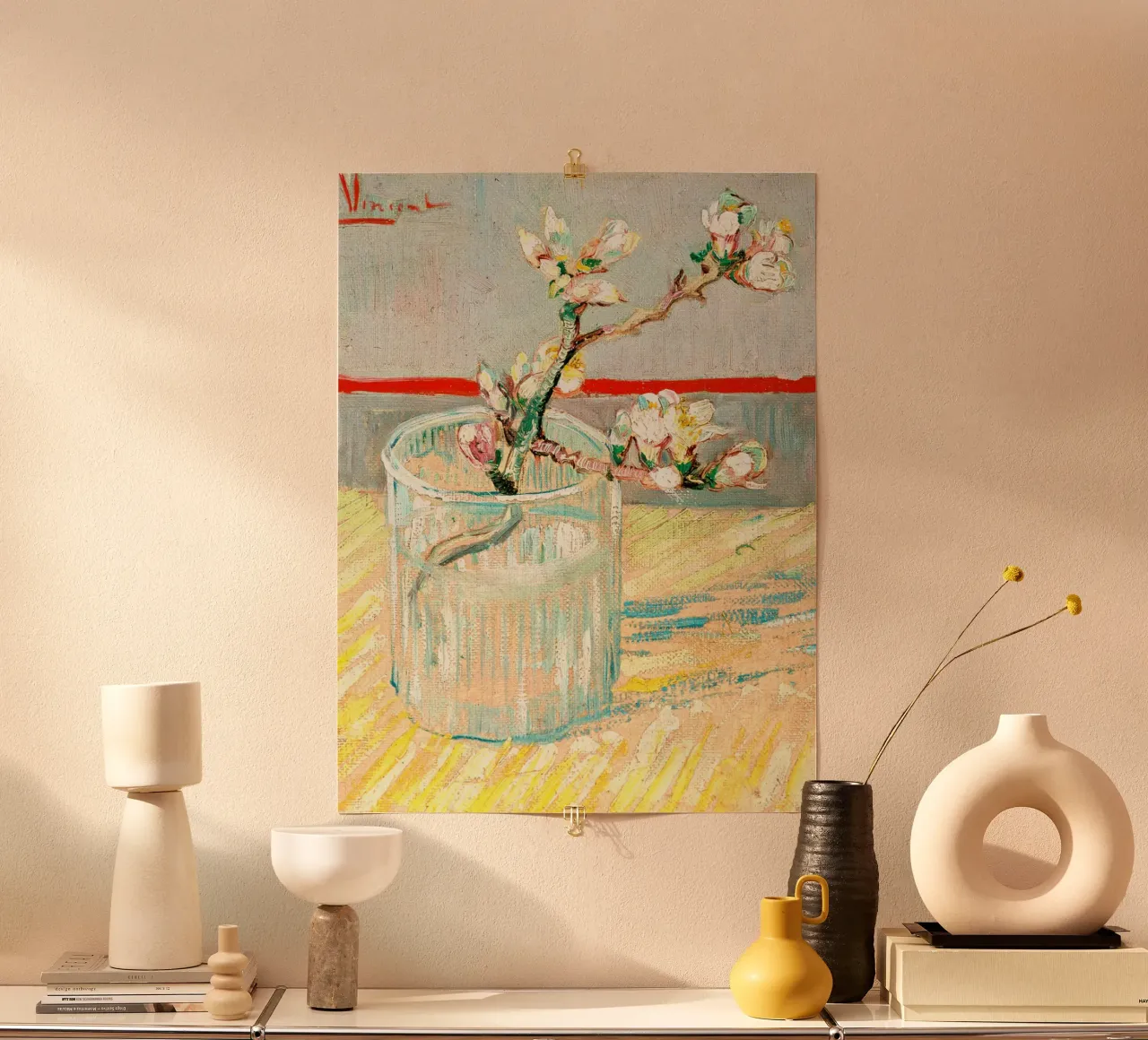 Zweig einer blühenden Mandelblüte in einem Glas, 1888 Poster mit Kunststoffrahmen von Christopher Soto