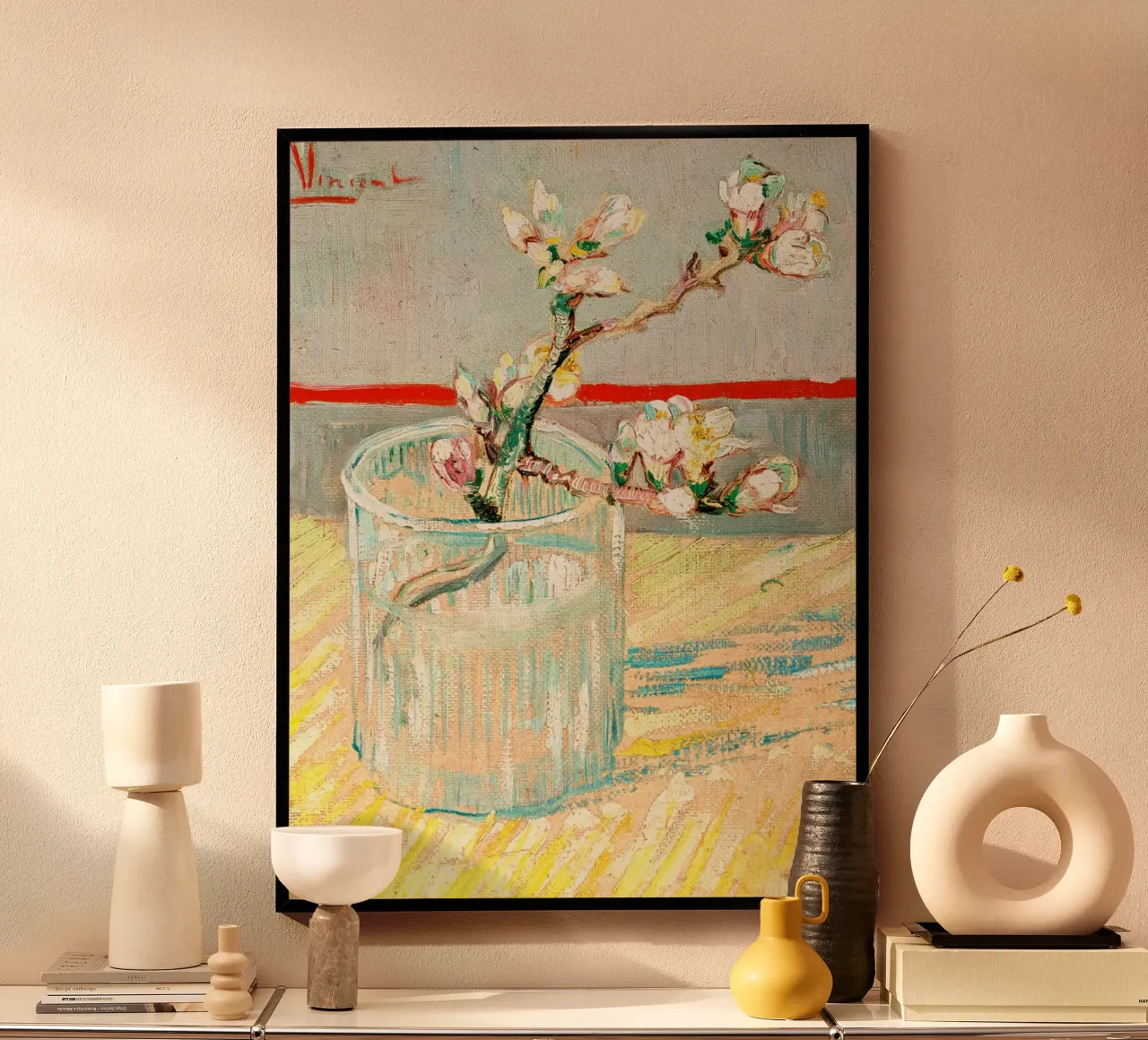 Zweig einer blühenden Mandelblüte in einem Glas, 1888 Poster mit Kunststoffrahmen von Christopher Soto