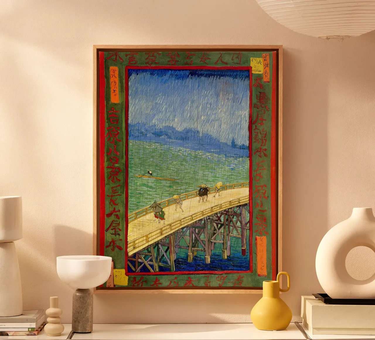 The bridge in the Rrain (after Hiroshige) canvas with Floater frame by Christopher Soto