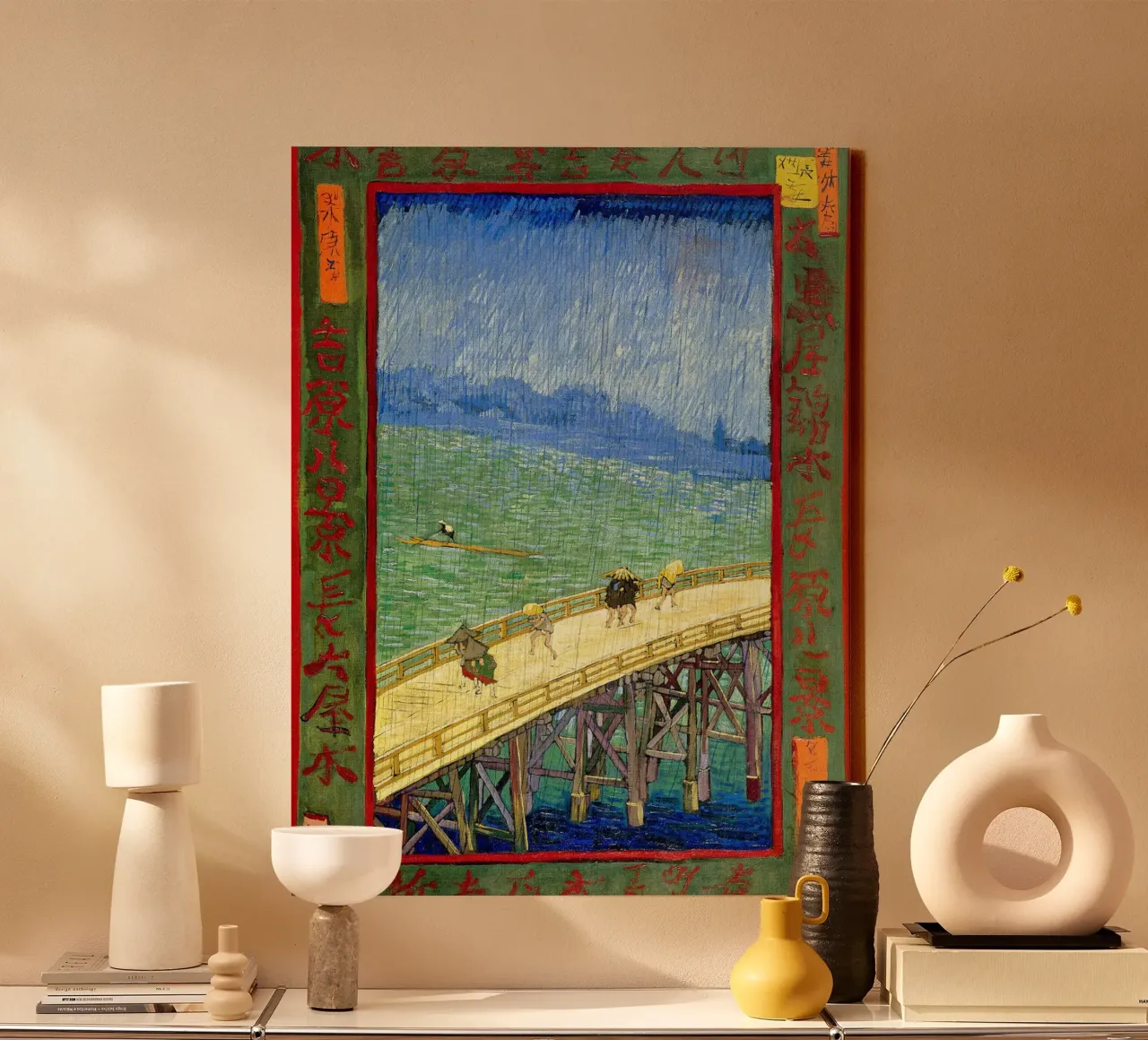 The bridge in the Rrain (after Hiroshige) canvas with Floater frame by Christopher Soto