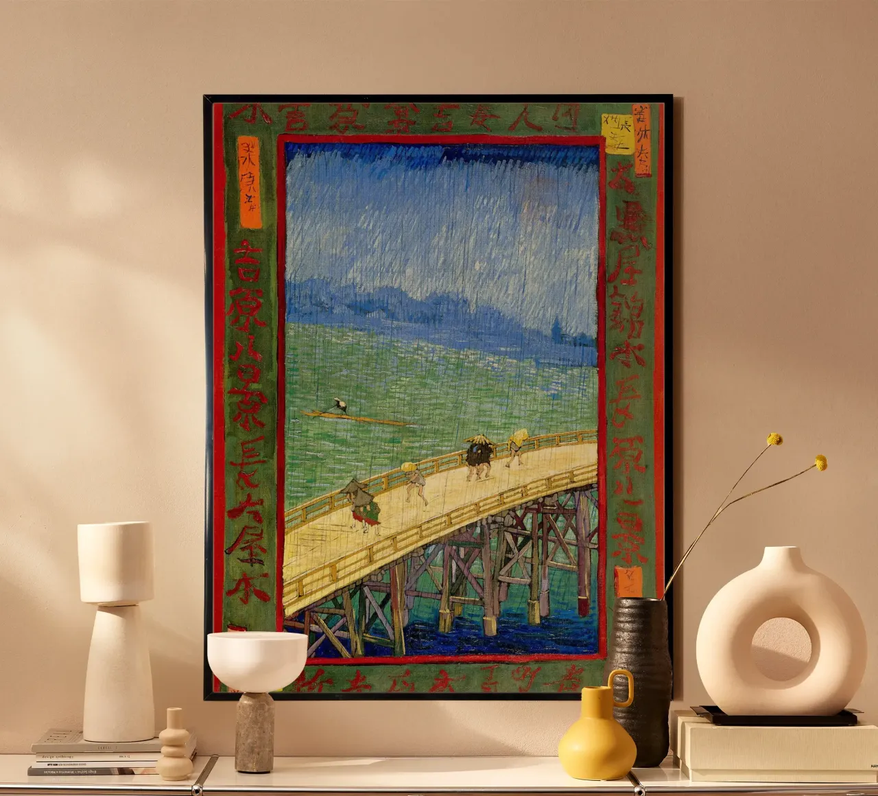 Il ponte nel Rrain (dopo Hiroshige) poster con telaio in plastica da Christopher Soto