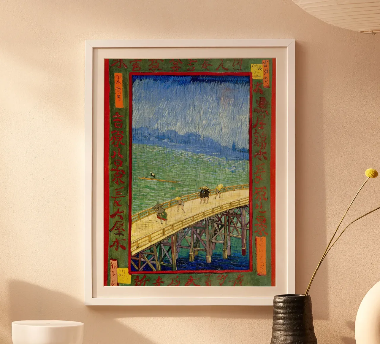 Il ponte nel Rrain (dopo Hiroshige) poster con telaio in plastica da Christopher Soto