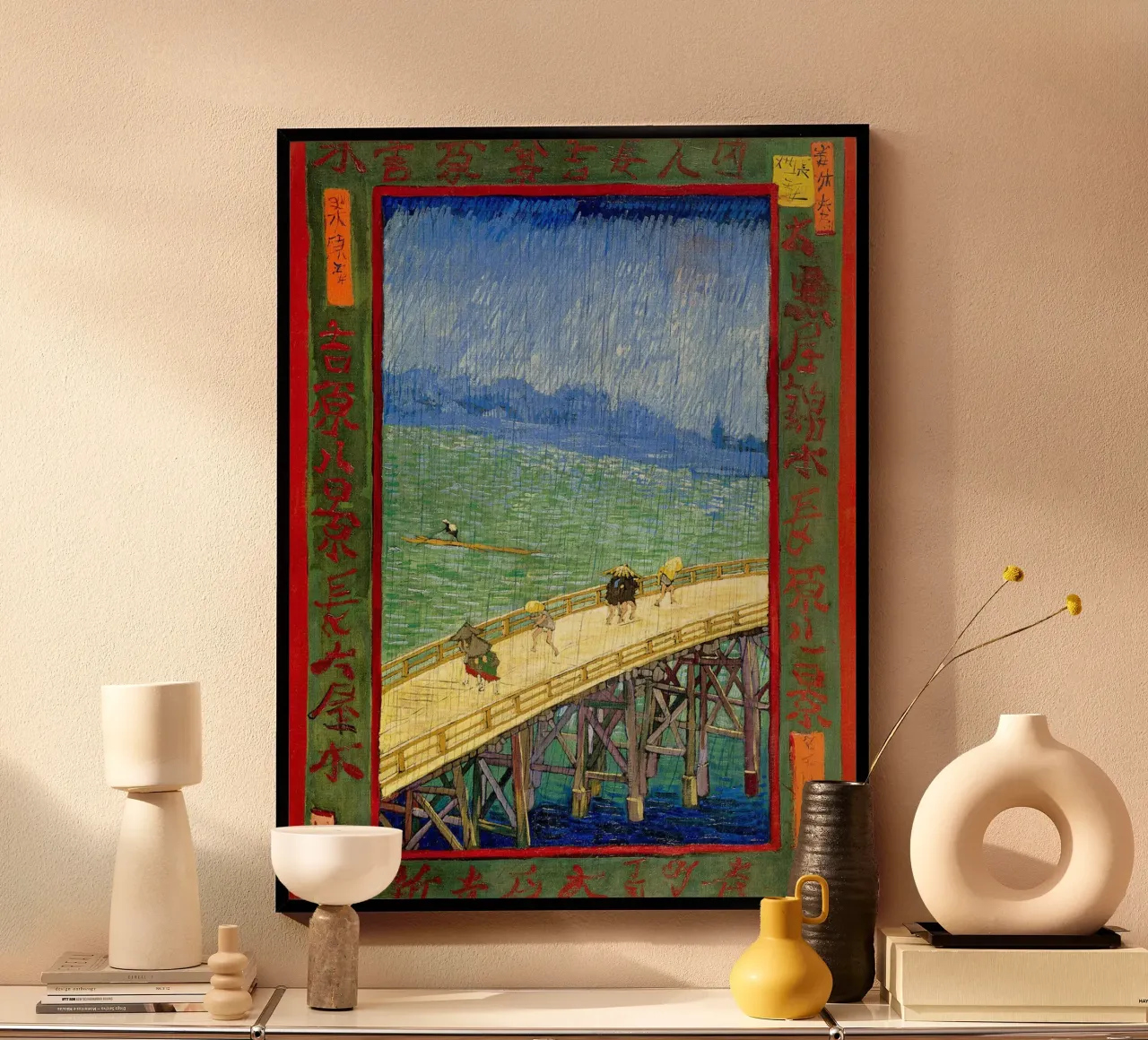 Il ponte nel Rrain (dopo Hiroshige) poster con telaio in plastica da Christopher Soto