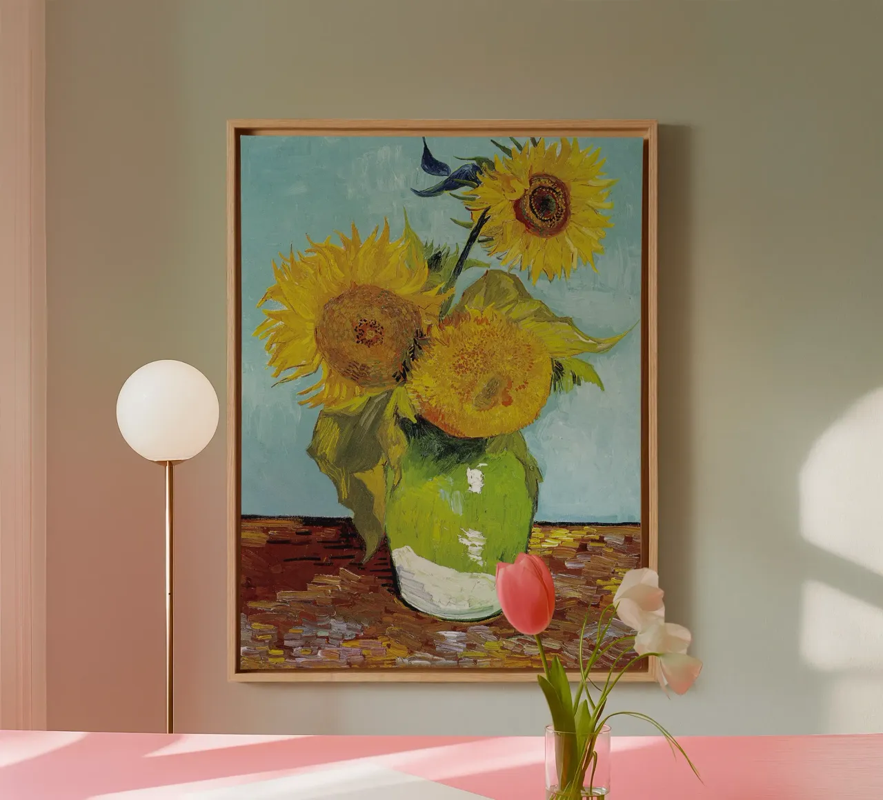 Drie zonnebloemen canvas met Baklijst van Christopher Soto