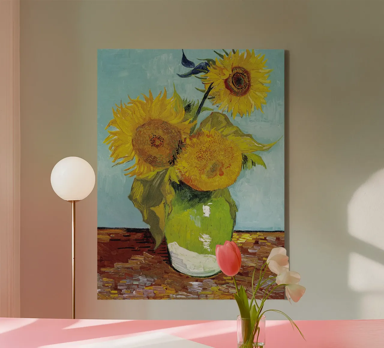 Drie zonnebloemen canvas met Baklijst van Christopher Soto