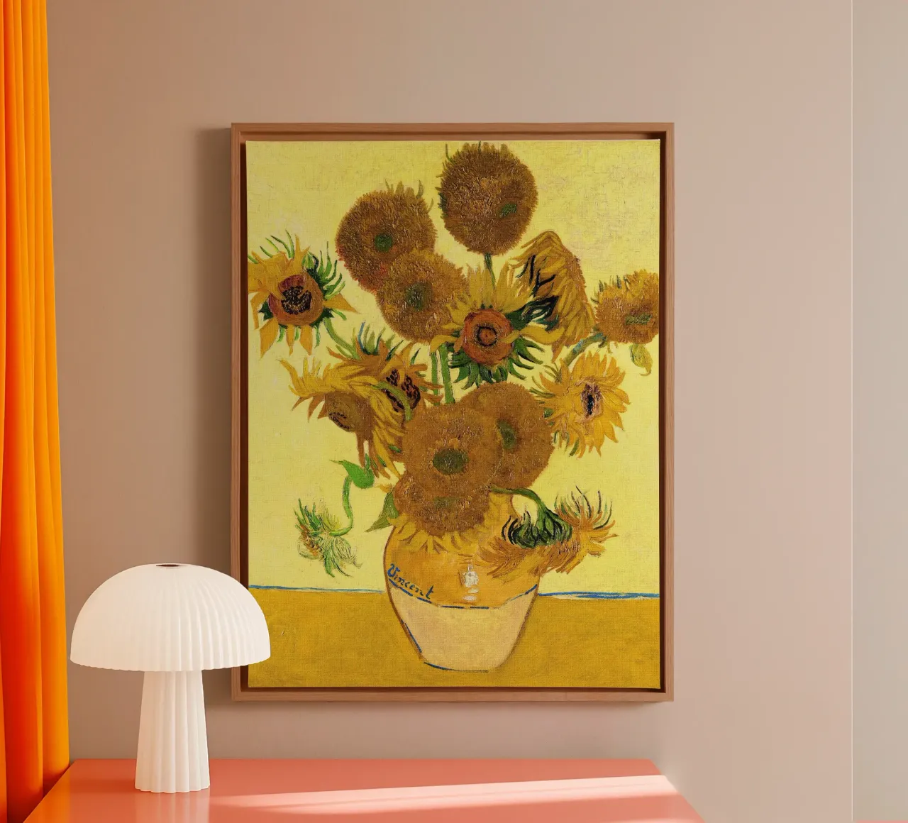 Vaas met vijftien zonnebloemen canvas met Baklijst van Christopher Soto
