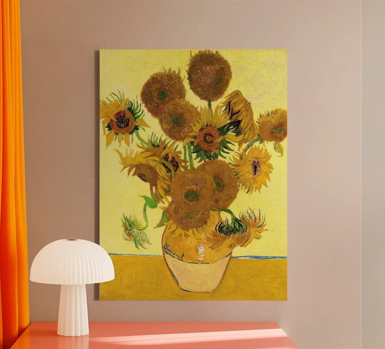 Vaas met vijftien zonnebloemen canvas met Baklijst van Christopher Soto