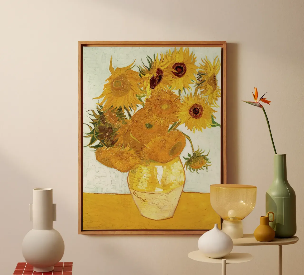Vaas met twaalf zonnebloemen canvas met Baklijst van Christopher Soto