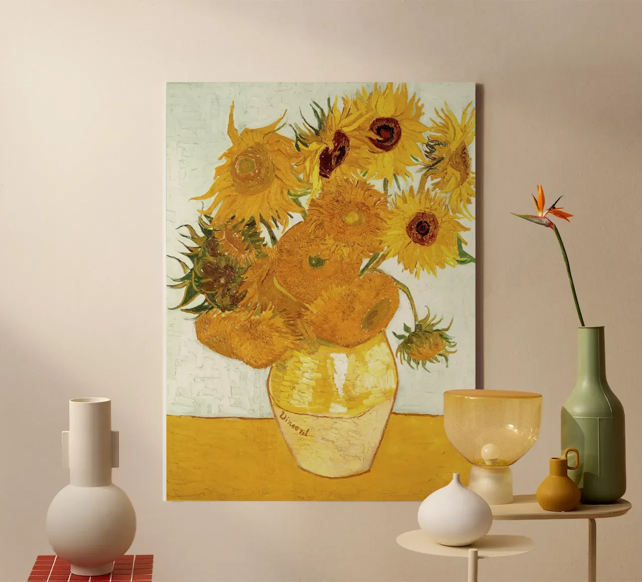 Vaas met twaalf zonnebloemen canvas met Baklijst van Christopher Soto