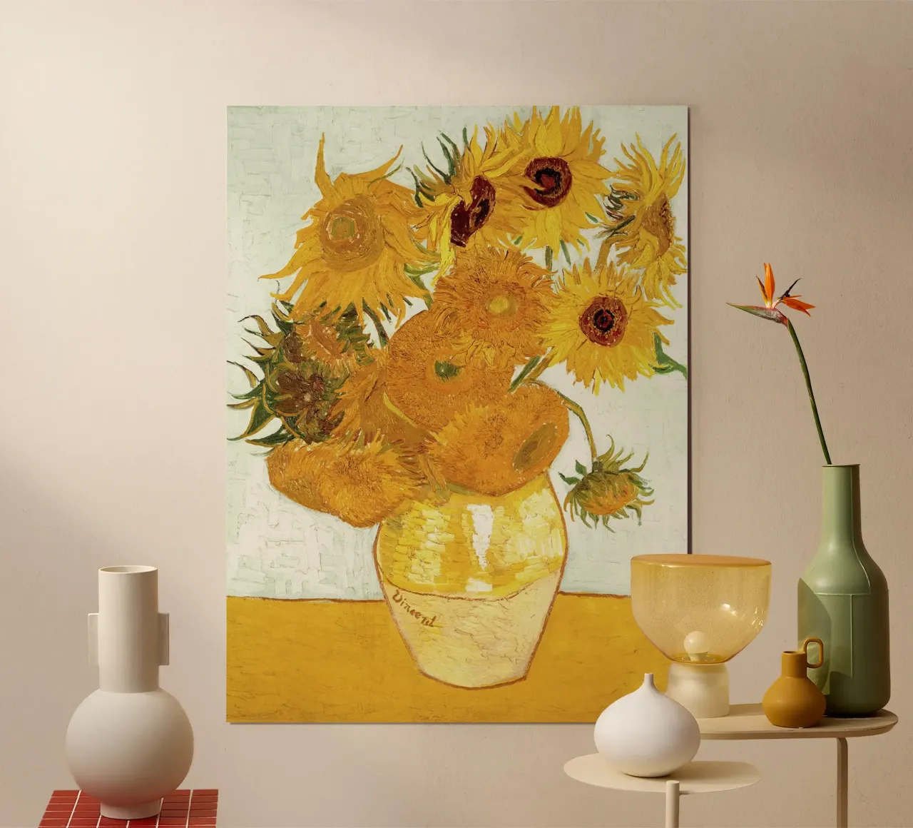 Vaso con dodici girasoli poster con telaio in plastica da Christopher Soto